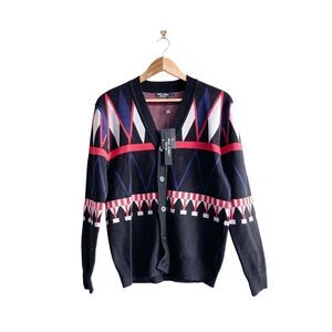 NWT Paul Jones Mens Geometric V-Neck Button Front Cardigan Sweater Black Medium